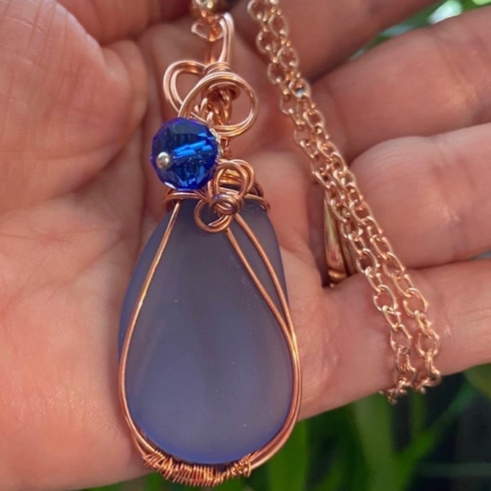 Blue cultured Sea Glass and Copper Wire Wrapped Pendant Necklace